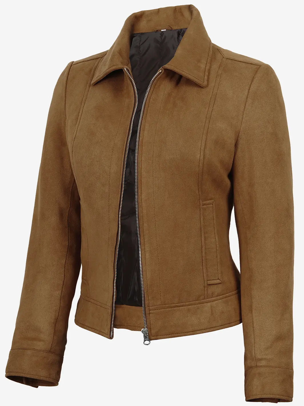 Women's Tan Suede Sheepskin Jacket – Camel Zip-Up Coat with Shirt Collar