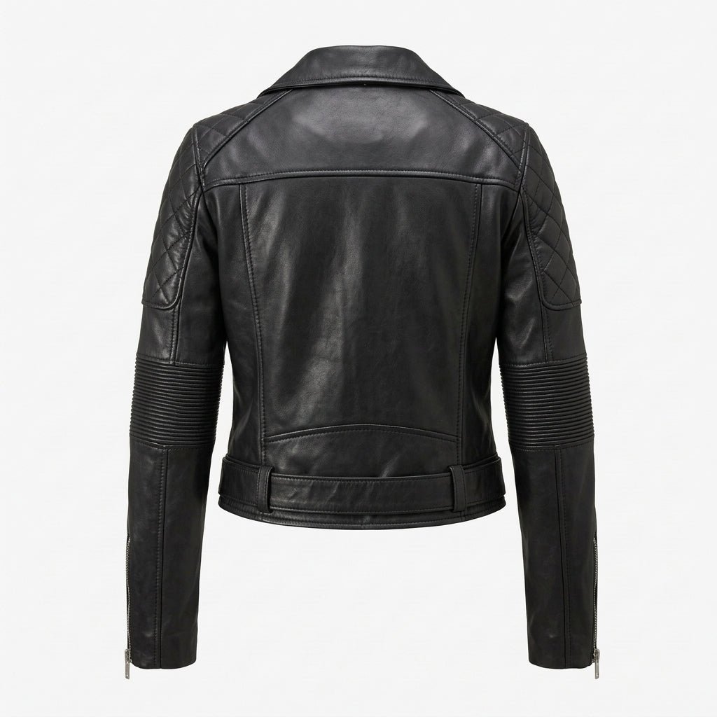 Women's Black Cropped Belted Leather Biker Jacket