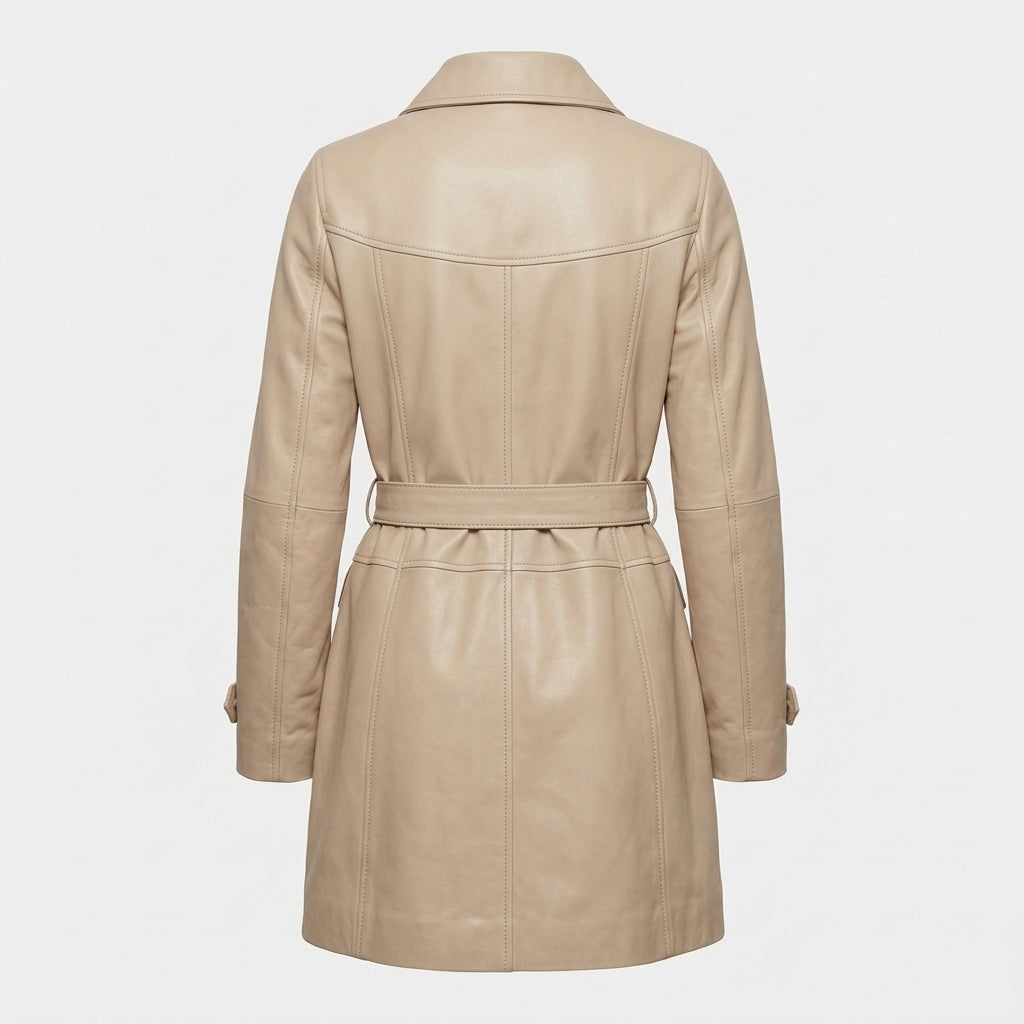 Women's Beige Sheepskin Leather Coat – Mid-Length Belted Car Coat with Collar & Buttons