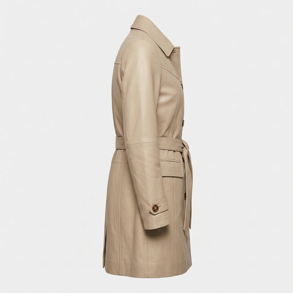Women's Beige Sheepskin Leather Coat – Mid-Length Belted Car Coat with Collar & Buttons