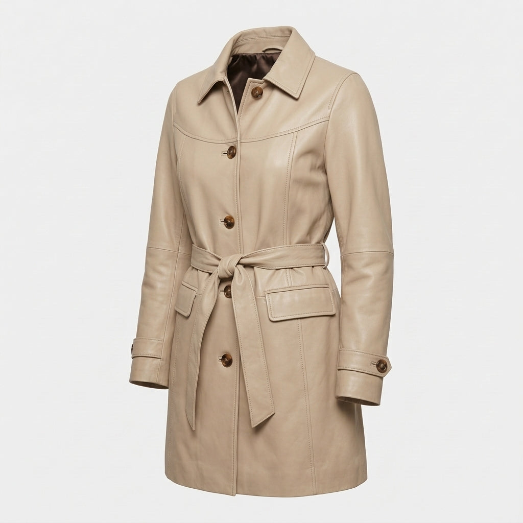 Women's Beige Sheepskin Leather Coat – Mid-Length Belted Car Coat with Collar & Buttons