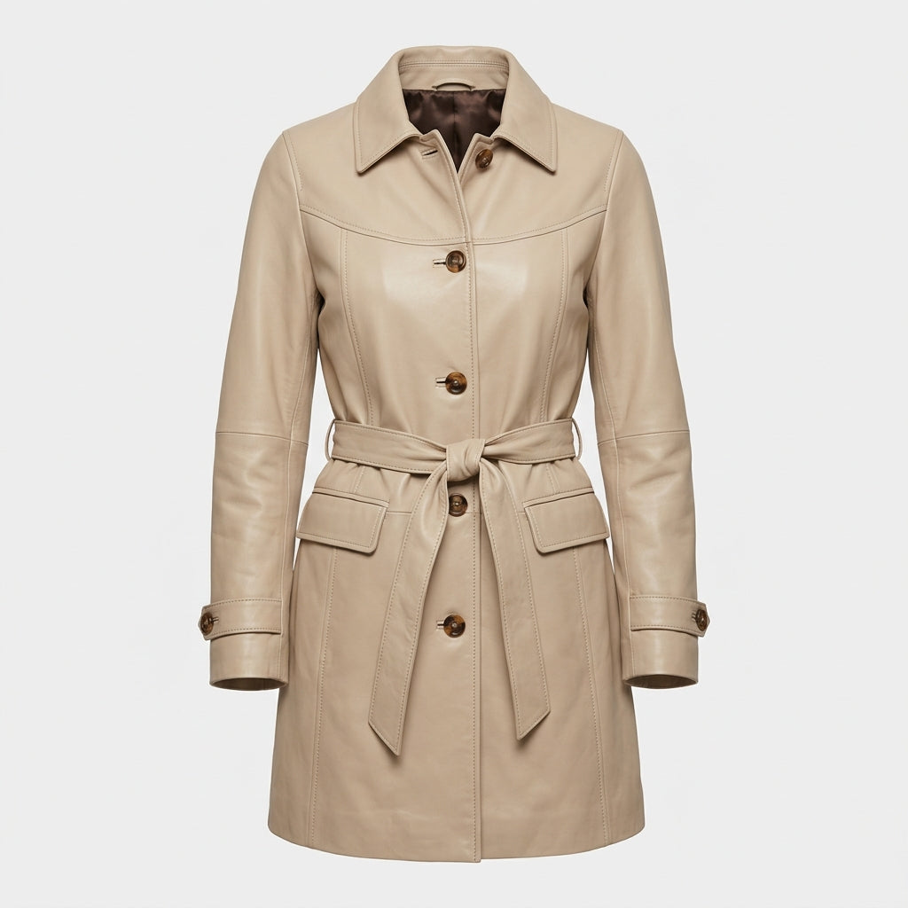 Women's Beige Sheepskin Leather Coat – Mid-Length Belted Car Coat with Collar & Buttons