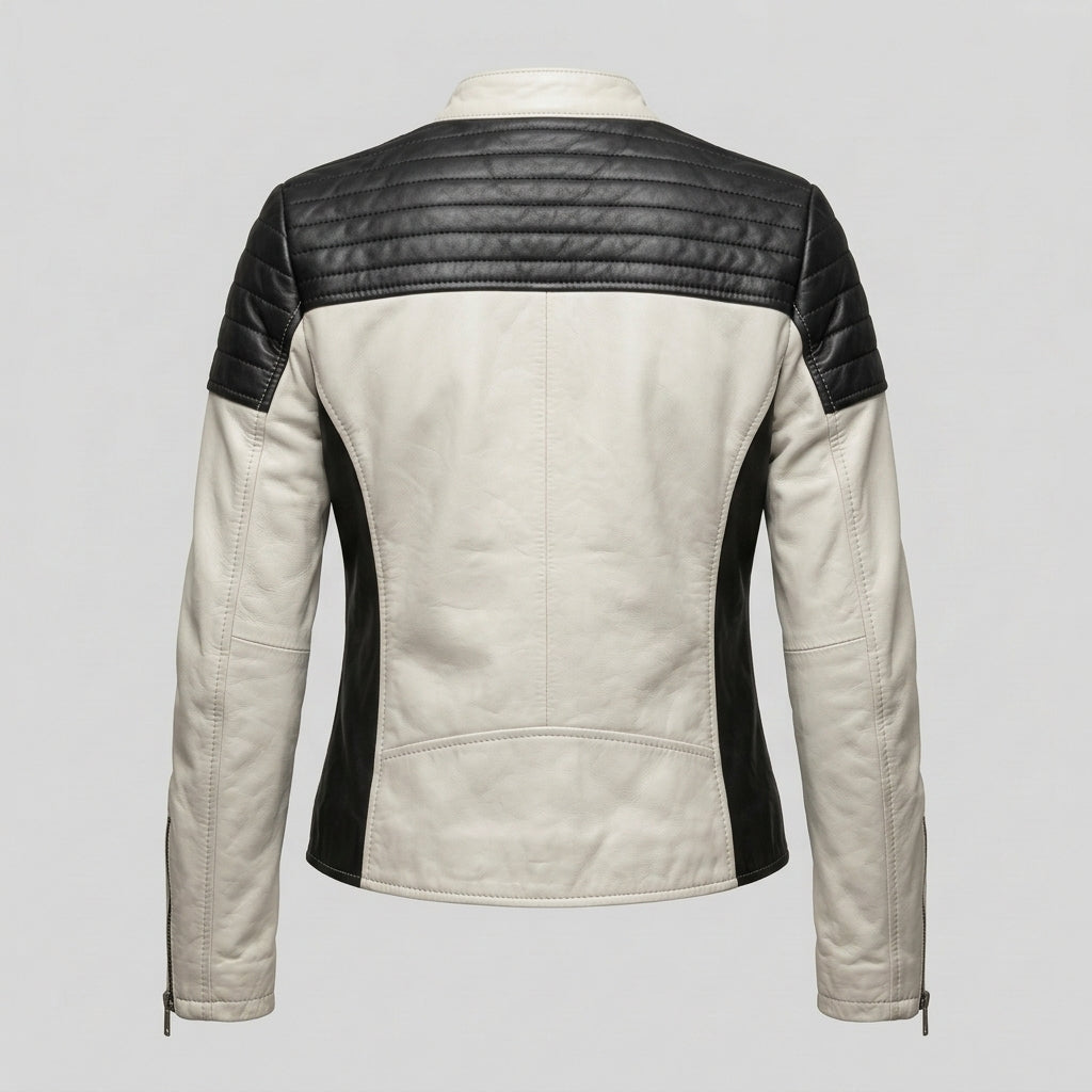 Women's White and Black Leather Sport Biker Jacket