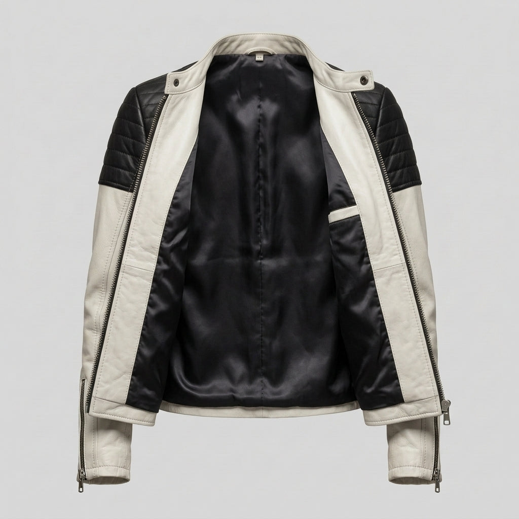 Women's White and Black Leather Sport Biker Jacket