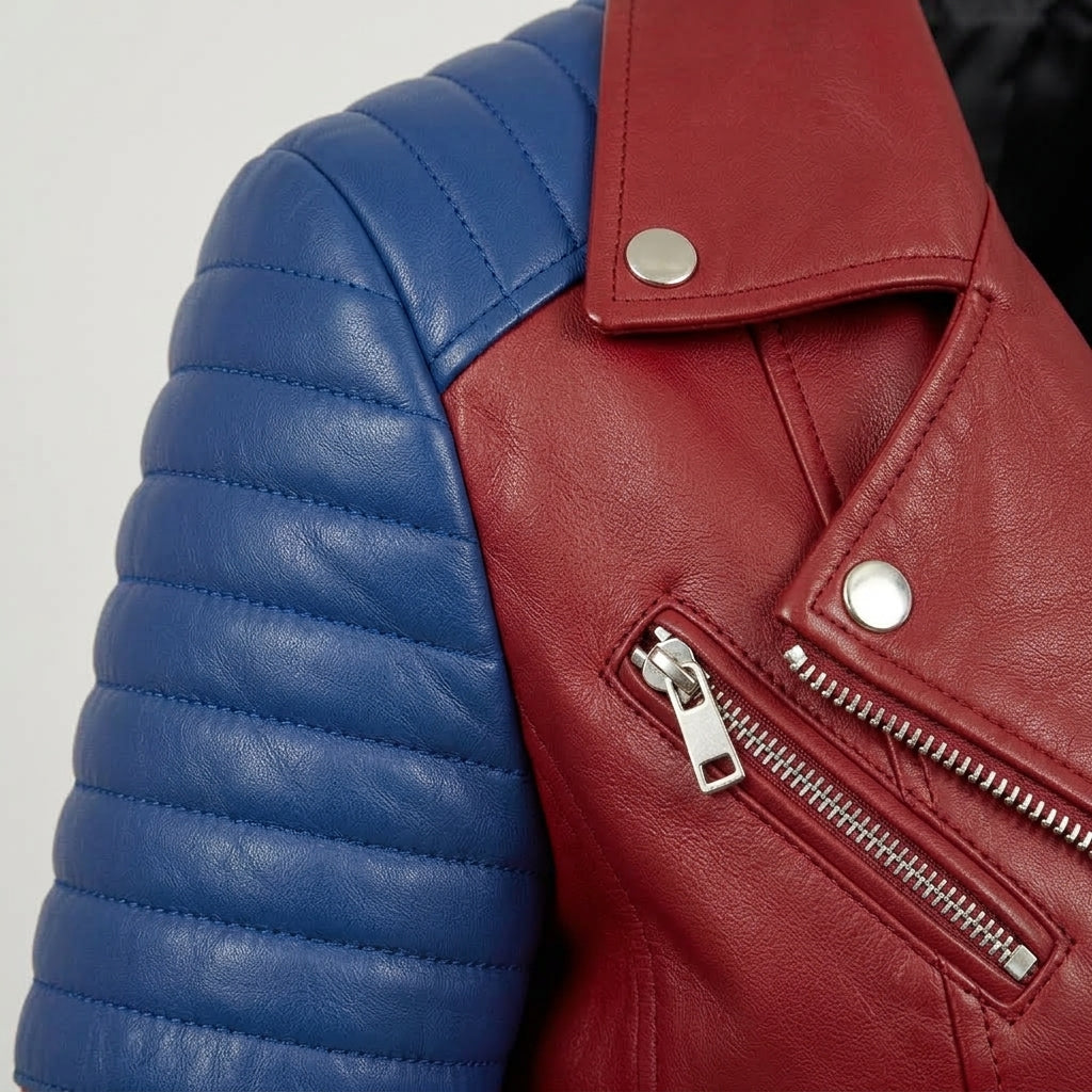 Women's Red and Blue Leather Biker Jacket, Two Tone Quilted Sheepskin Asymmetric Moto Coat, Gift for Her