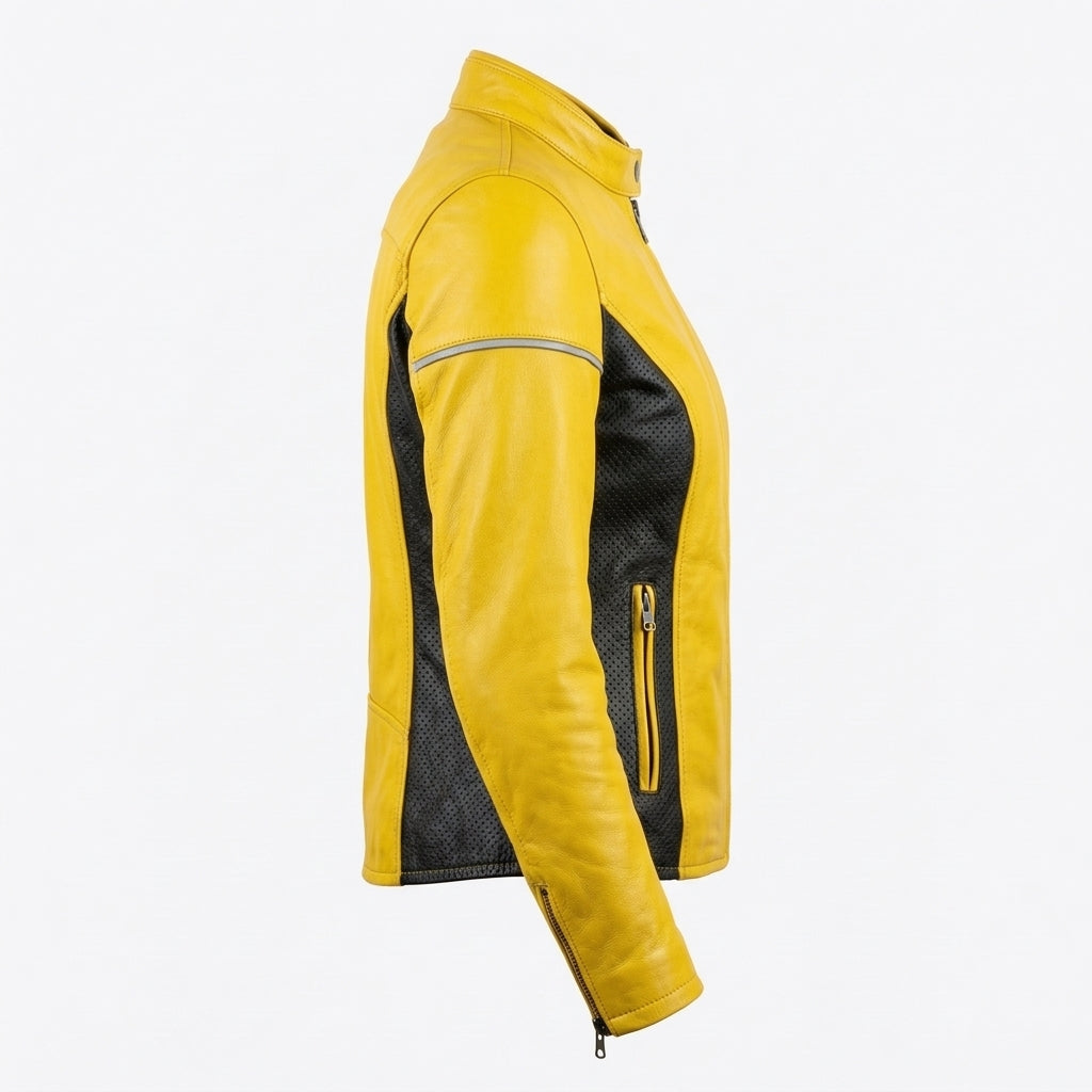 Women's Yellow and Black Leather Biker Jacket