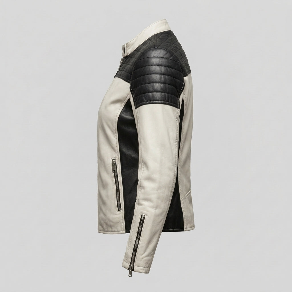 Women's White and Black Leather Sport Biker Jacket