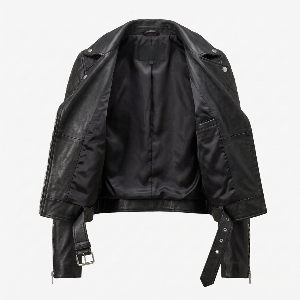 Women's Black Cropped Belted Leather Biker Jacket