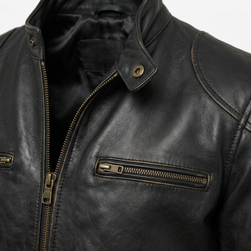Men's Black Sheepskin Leather Biker Jacket – Vintage Waxed Cafe Racer with Brass Zippers