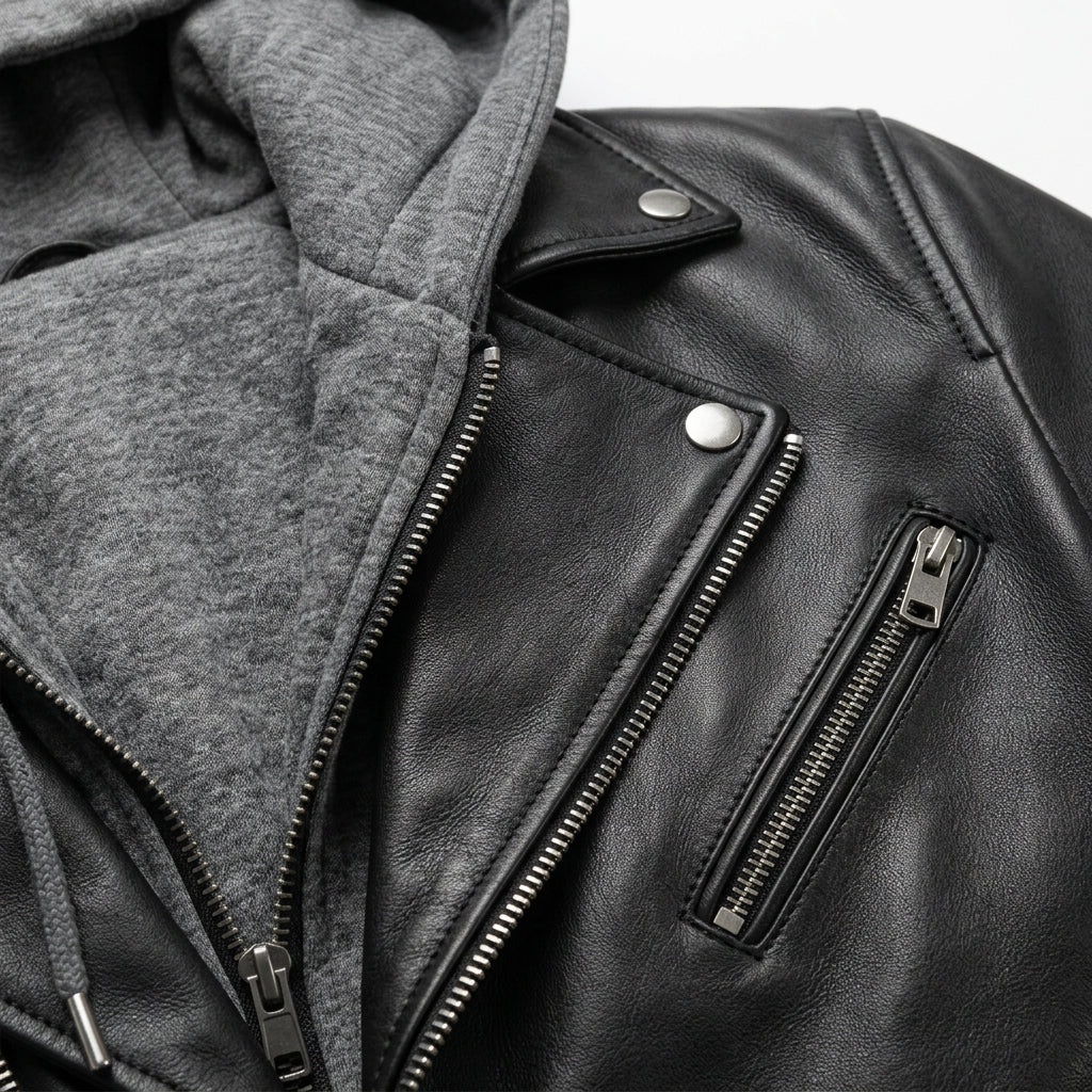 Men's Black Leather Biker Jacket with Removable Grey Fleece Hood