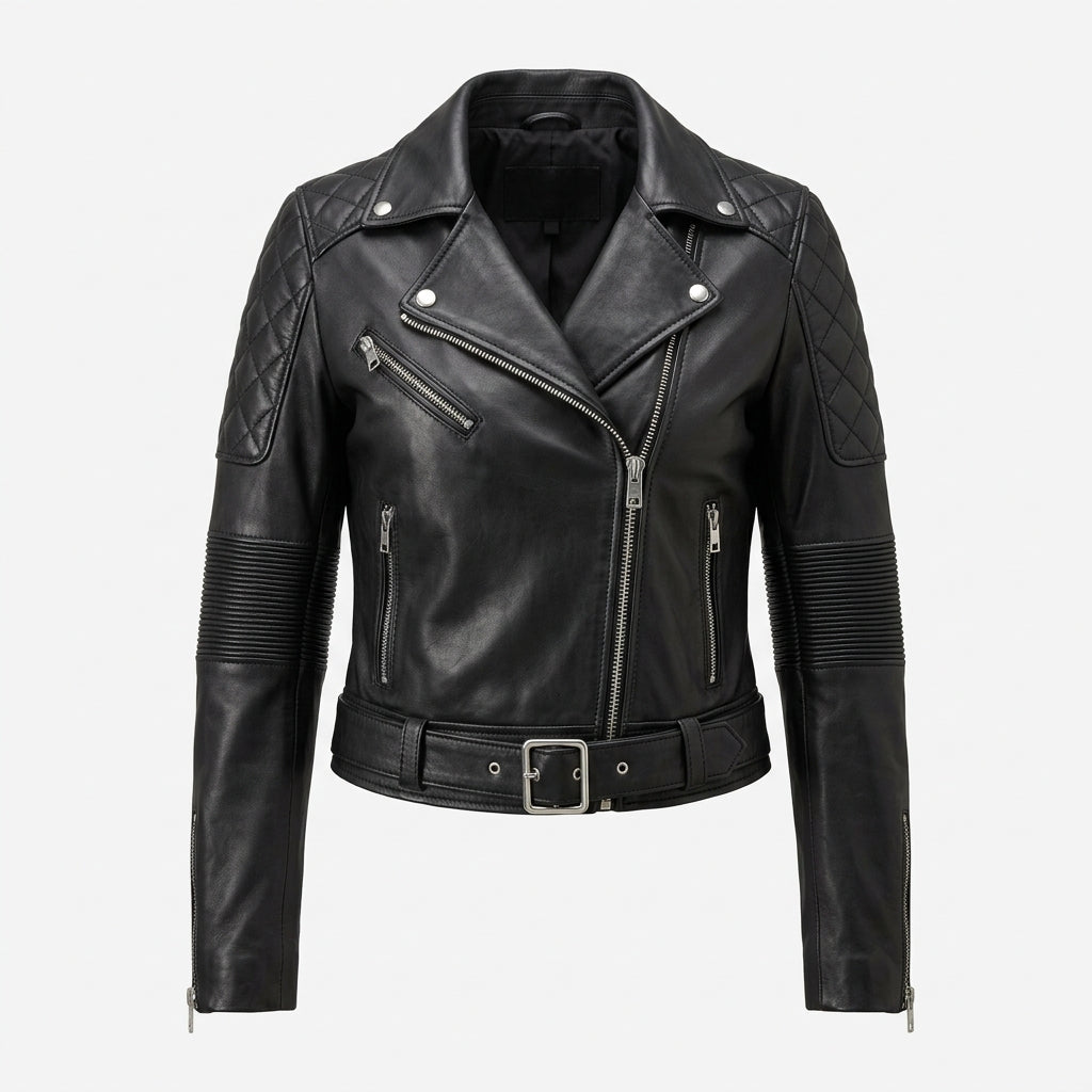 Women's Black Cropped Belted Leather Biker Jacket