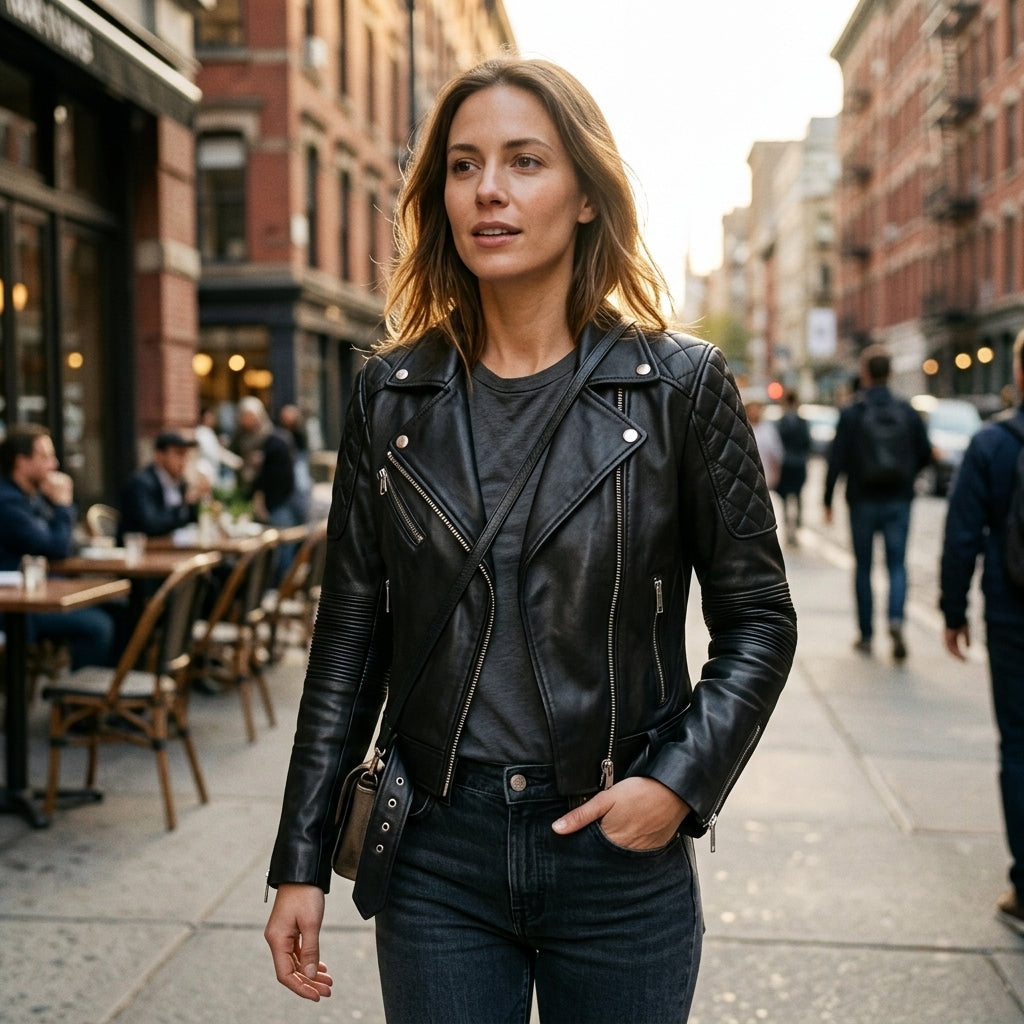 Women's Black Cropped Belted Leather Biker Jacket