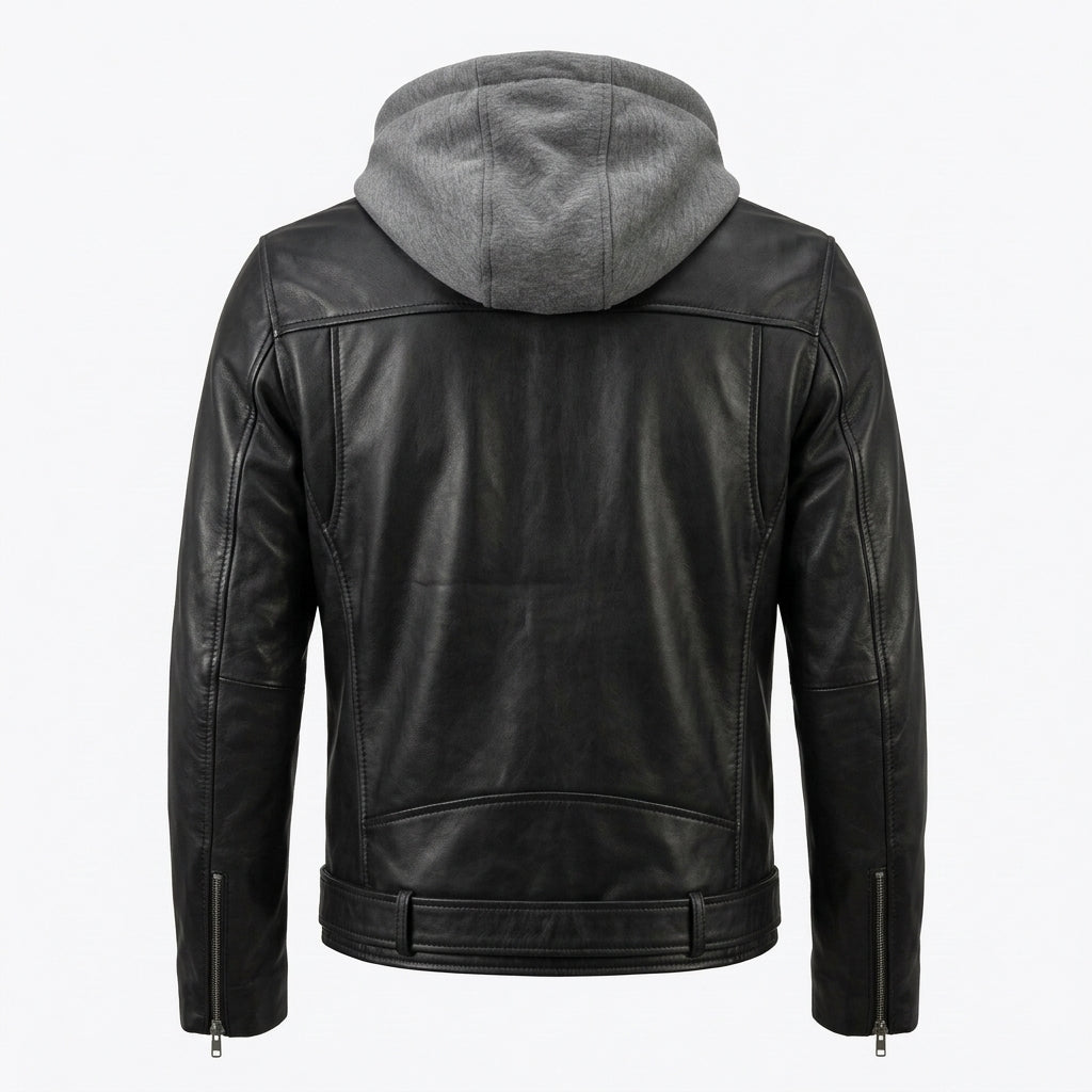 Men's Black Leather Biker Jacket with Removable Grey Fleece Hood
