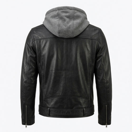 Men's Black Leather Biker Jacket with Removable Grey Fleece Hood