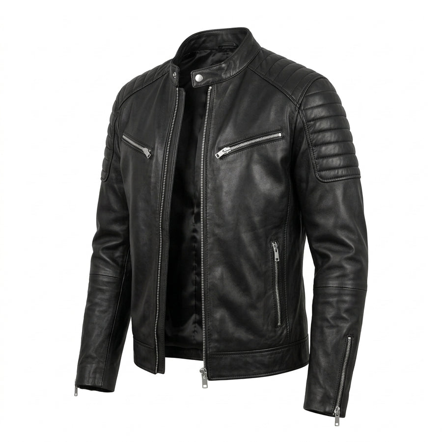 Men's Black Leather Biker Jacket – Sheepskin Multi-Zip Motorcycle Moto Jacket