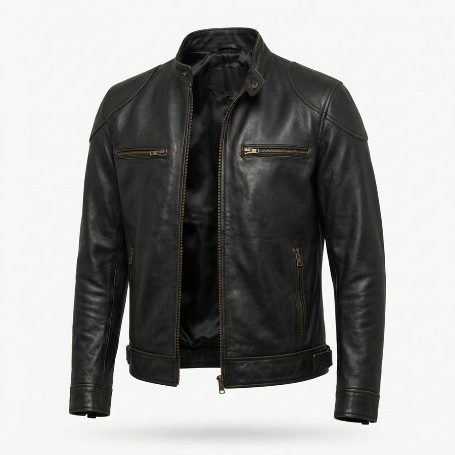 Men's Black Sheepskin Leather Biker Jacket – Vintage Waxed Cafe Racer with Brass Zippers
