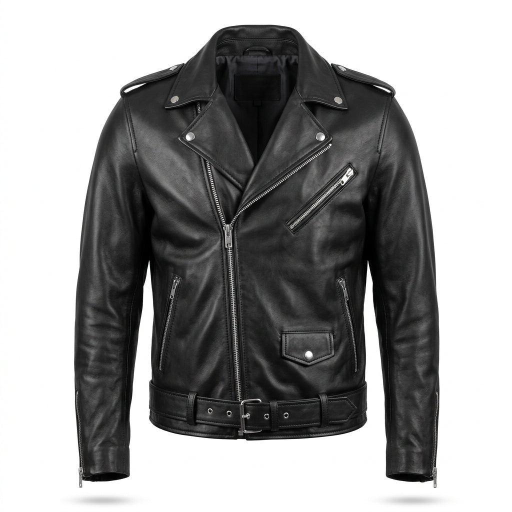 Men's Black Leather Biker Jacket with Asymmetric Zipper