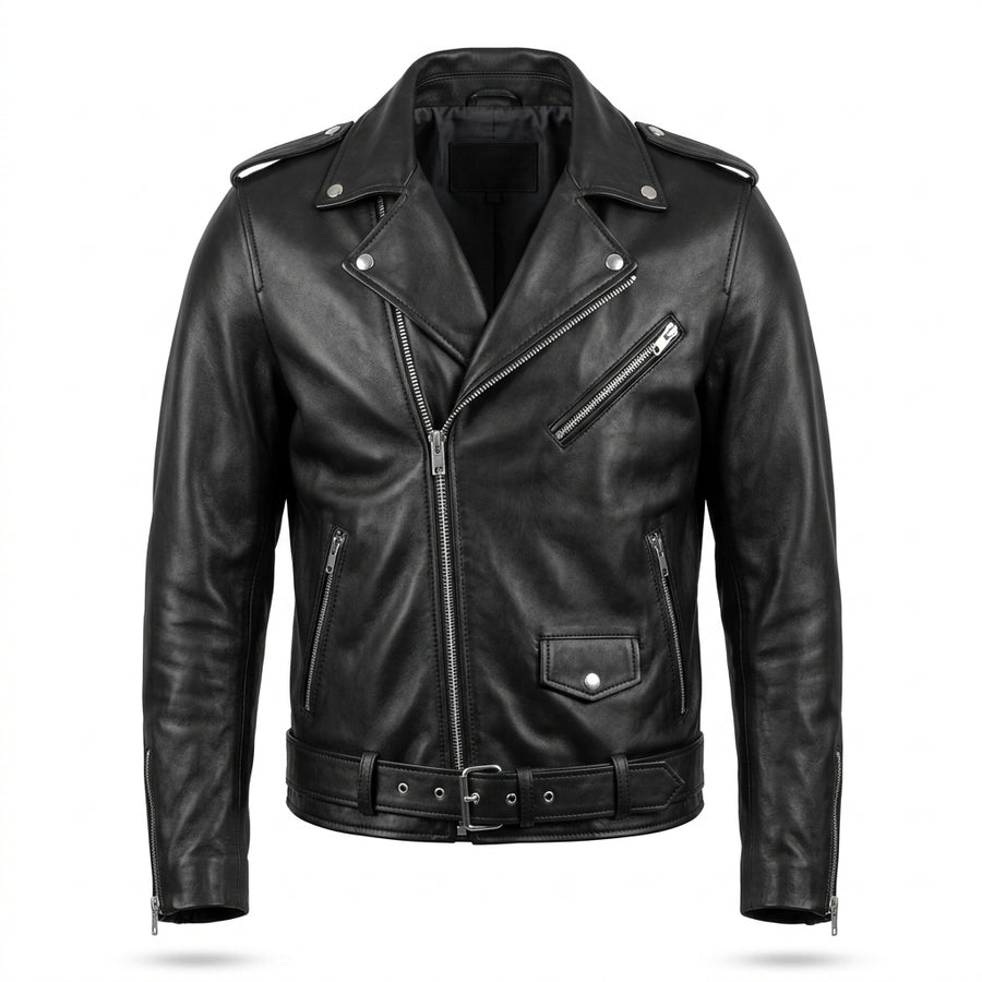 Men's Black Leather Biker Jacket with Asymmetric Zipper