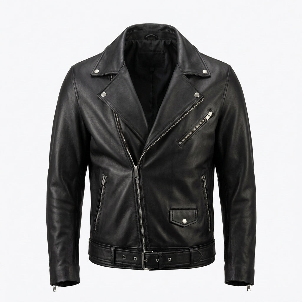 Men's Black Leather Biker Jacket with Removable Grey Fleece Hood