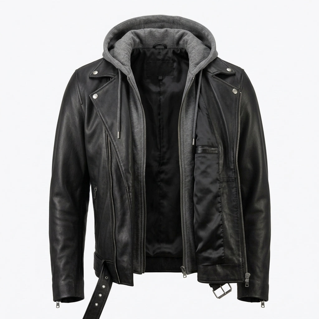 Men's Black Leather Biker Jacket with Removable Grey Fleece Hood