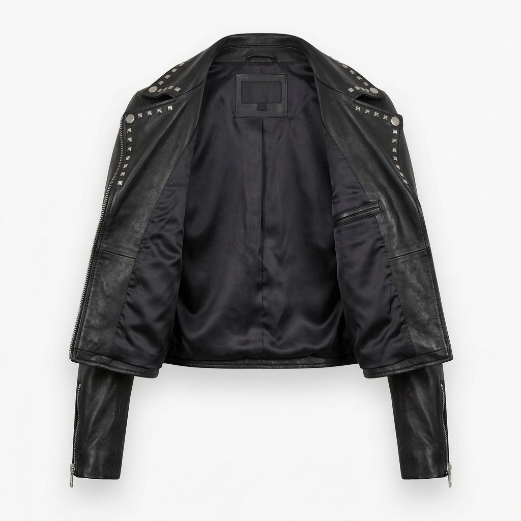 Women's Black Studded Cropped Leather Biker Jacket