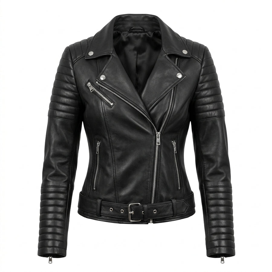 Women's Black Sheepskin Leather Motorcycle Jacket – Quilted Shoulder Asymmetric Biker Jacket with Belt