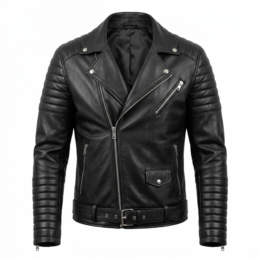 Men's Black Sheepskin Leather Motorcycle Jacket – Quilted Shoulder Asymmetric Biker Jacket with Belt