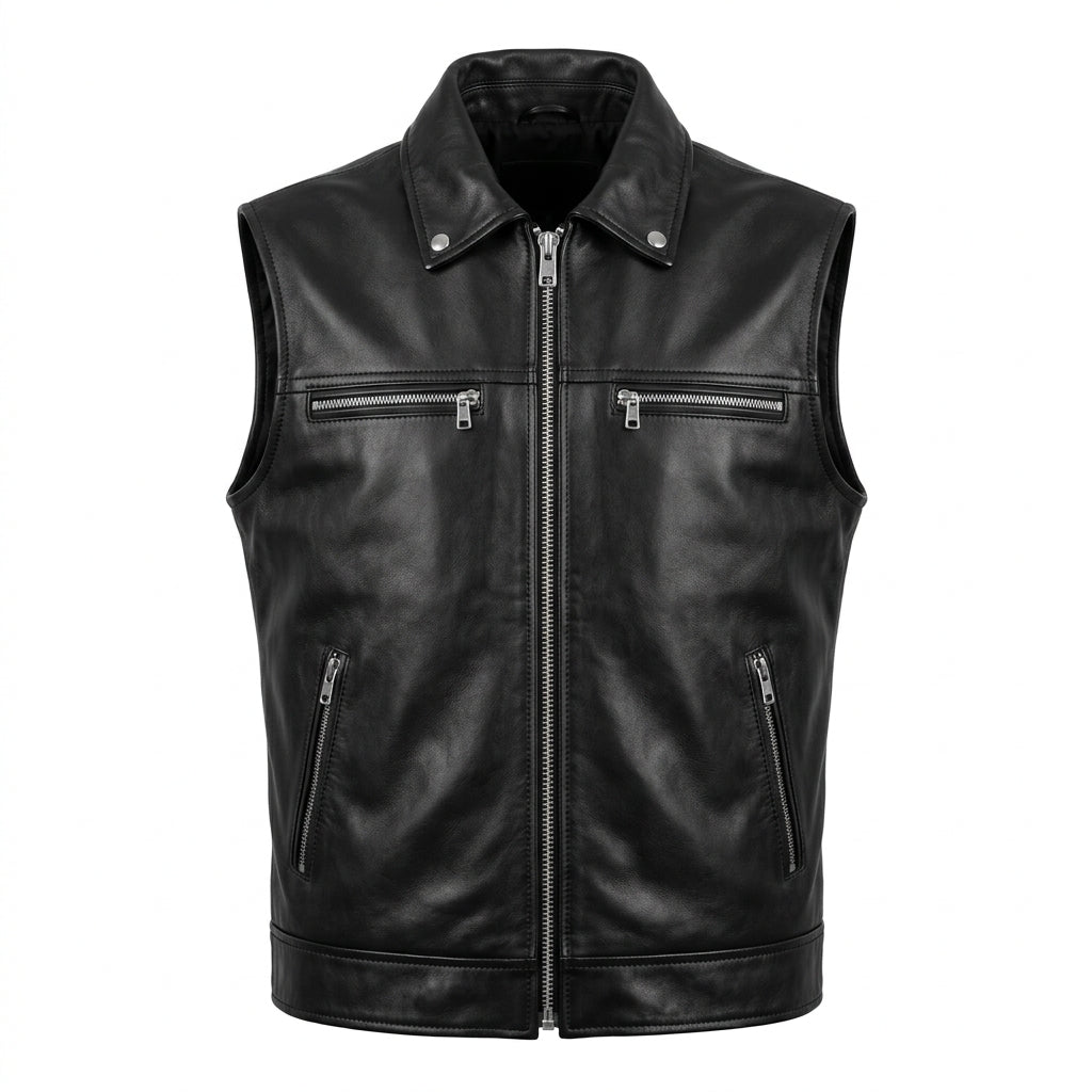 Men's Black Leather Biker Vest with Side Laces