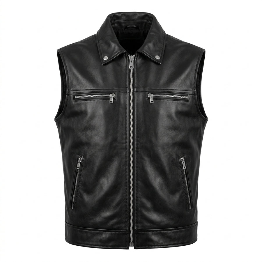 Men's Black Leather Biker Vest with Side Laces