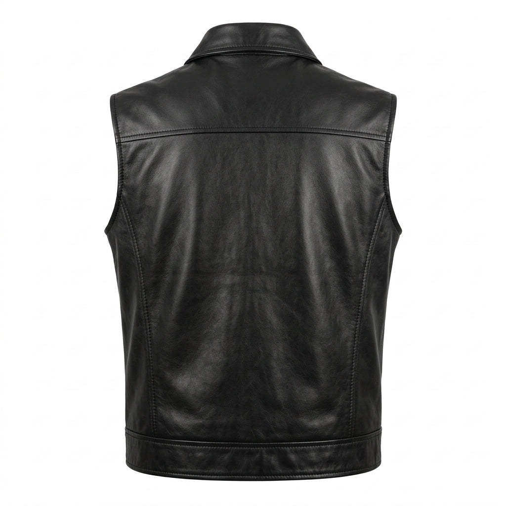 Men's Black Leather Biker Vest with Side Laces