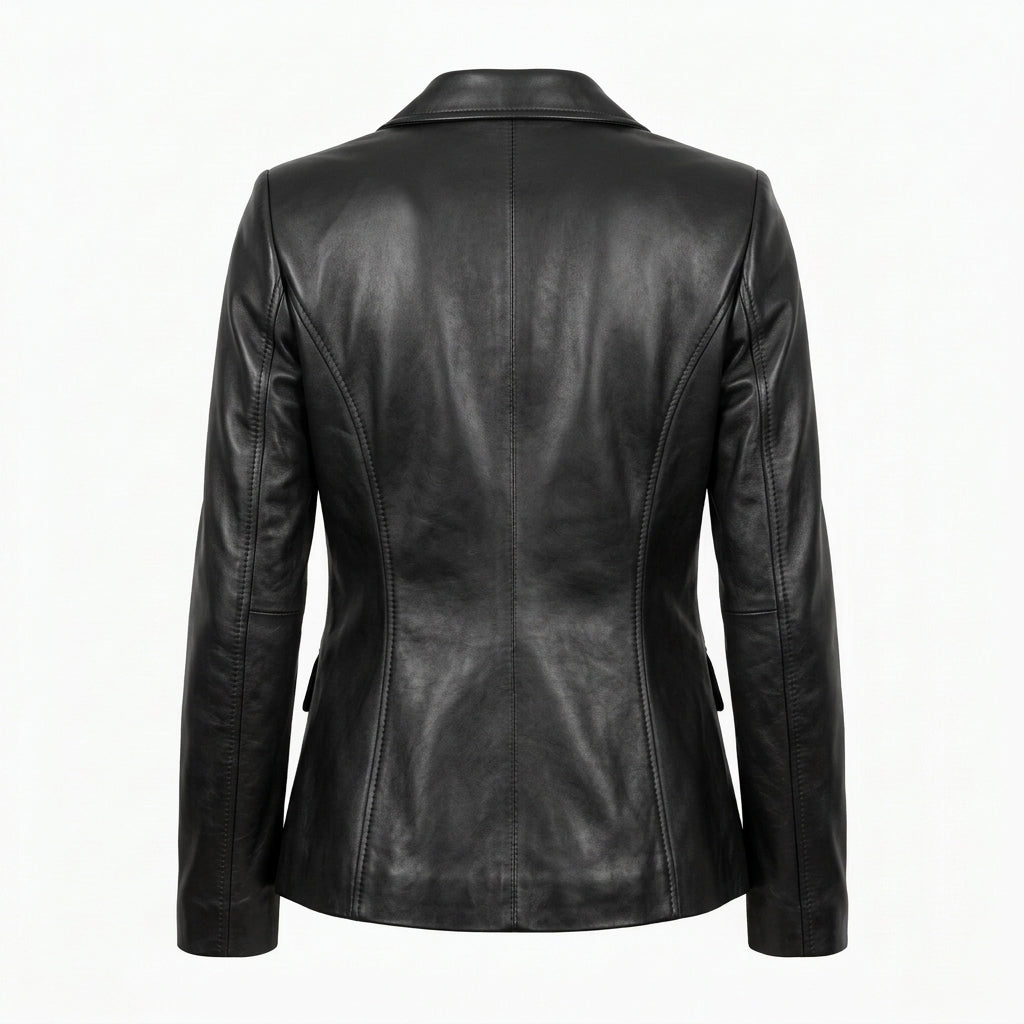 Women's Black Sheepskin Leather Blazer – Fitted Two-Button Jacket with Notch Lapels