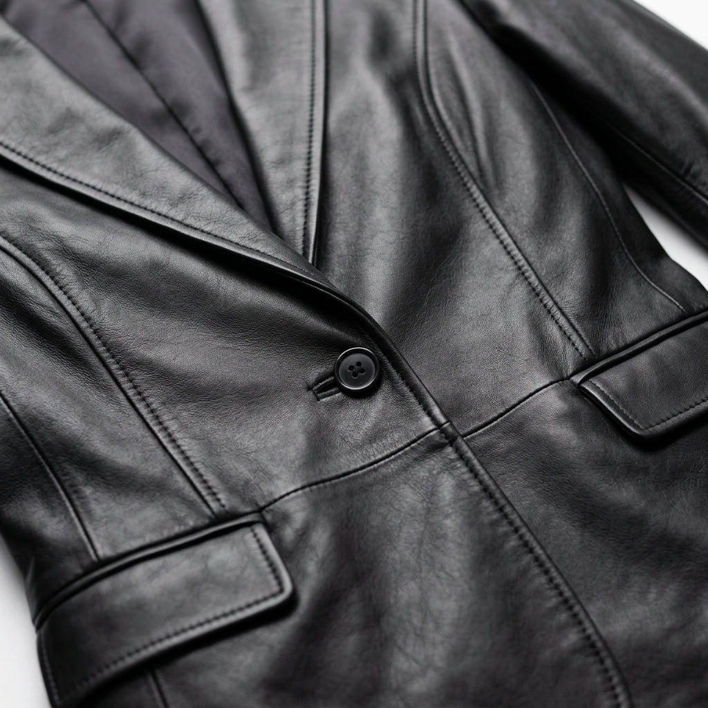 Women's Black Sheepskin Leather Blazer – Fitted Two-Button Jacket with Notch Lapels