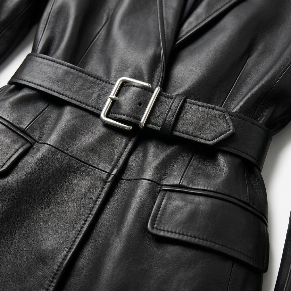 Women's Black Belted Longline Leather Blazer