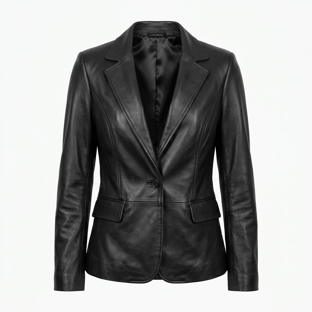 Women's Black Sheepskin Leather Blazer – Fitted Two-Button Jacket with Notch Lapels