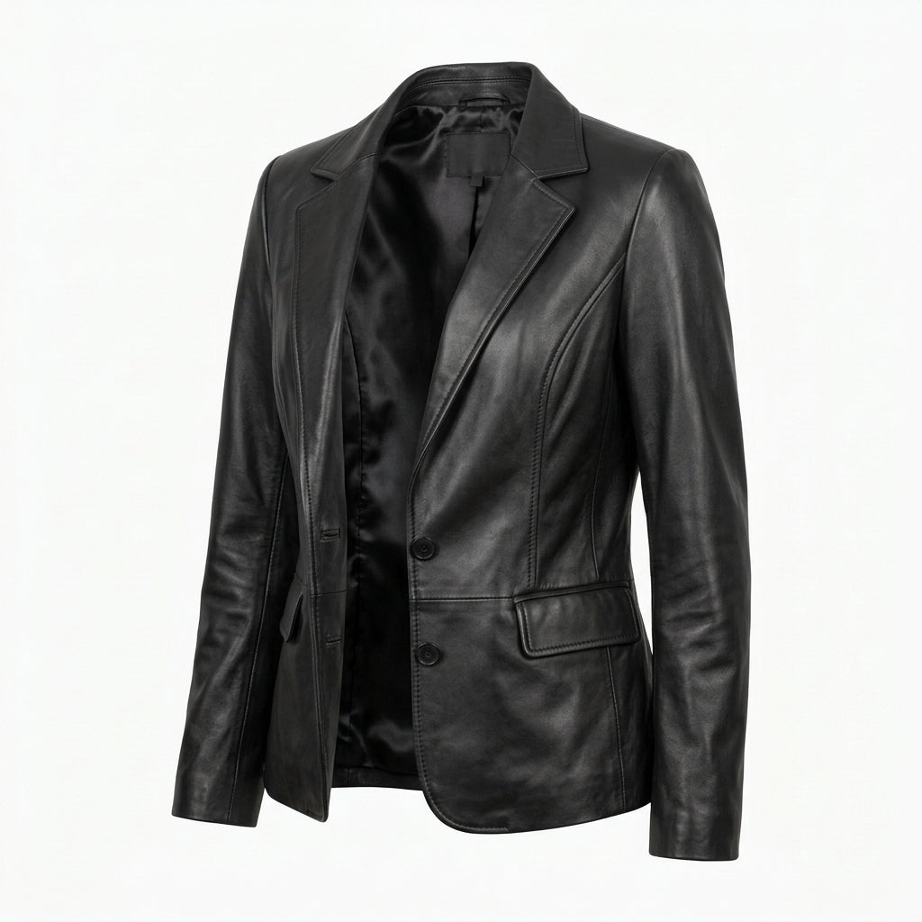 Women's Black Sheepskin Leather Blazer – Fitted Two-Button Jacket with Notch Lapels