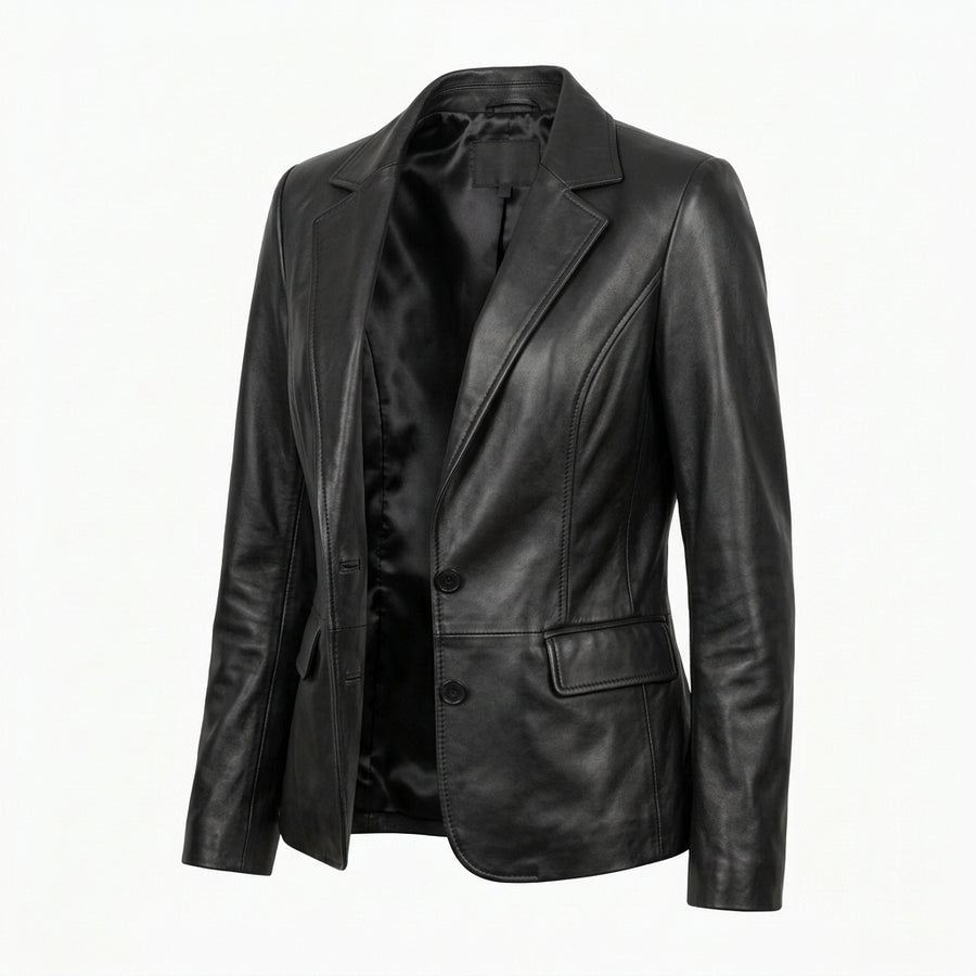Women's Black Sheepskin Leather Blazer – Fitted Two-Button Jacket with Notch Lapels