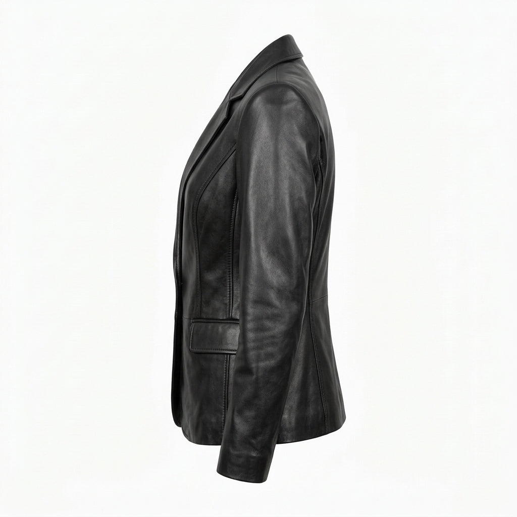 Women's Black Sheepskin Leather Blazer – Fitted Two-Button Jacket with Notch Lapels