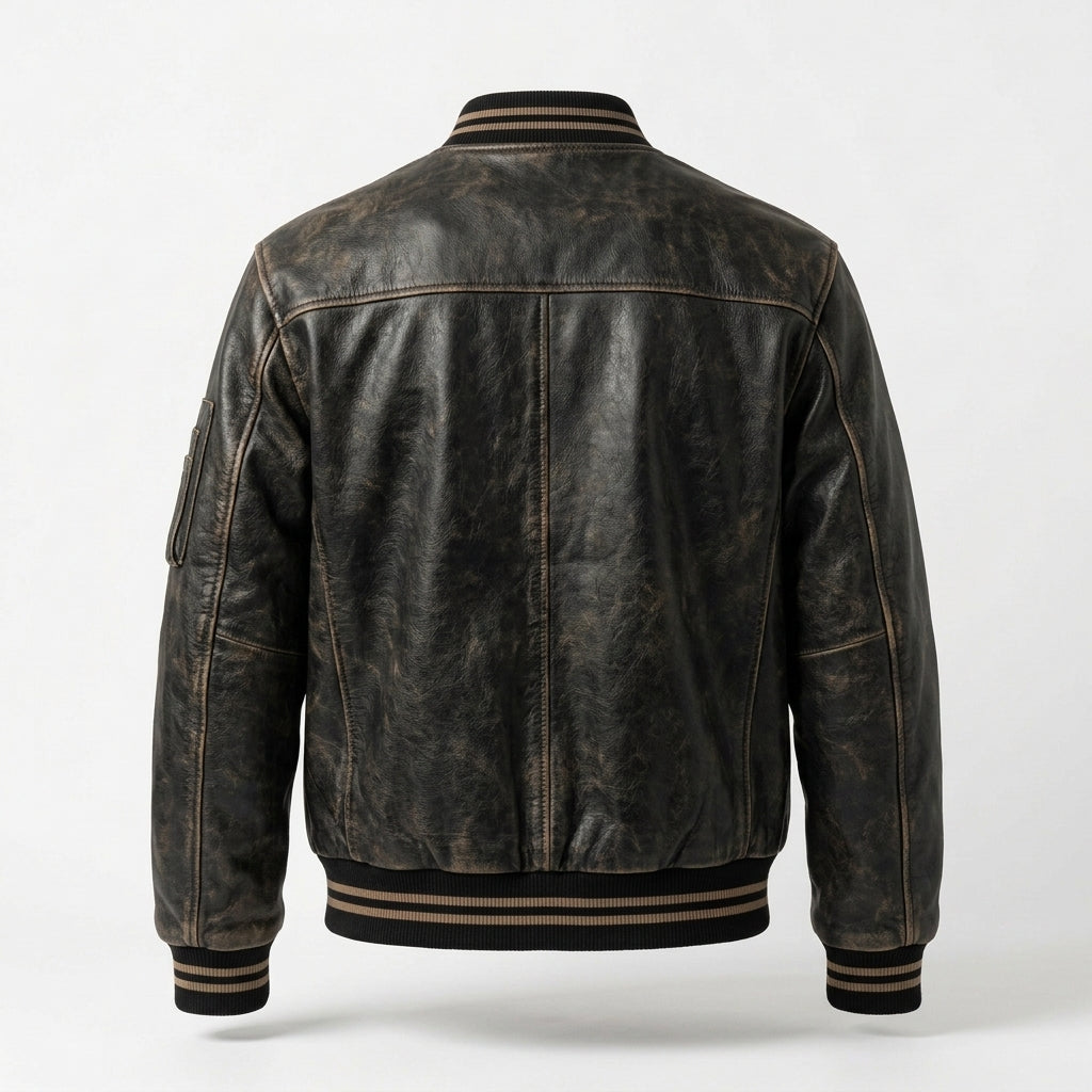 Men's Antique Black Leather Bomber Jacket, Vintage Finish