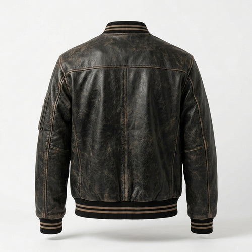 Men's Antique Black Leather Bomber Jacket, Vintage Finish