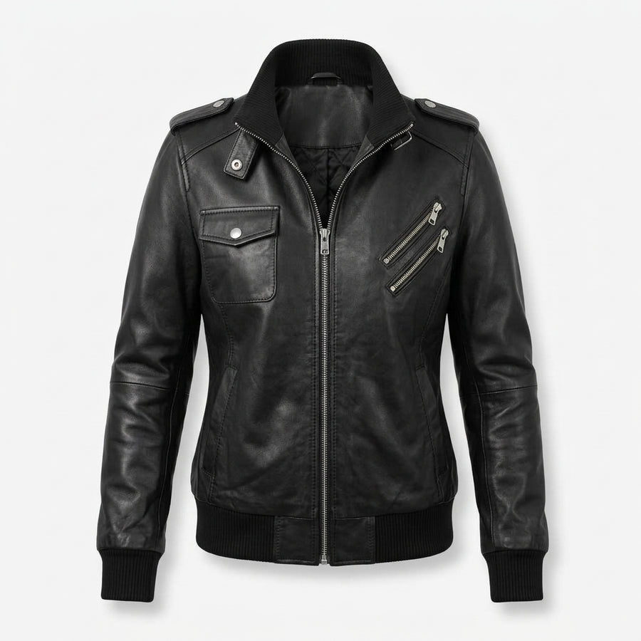 Women's Black Sheepskin Leather Bomber Jacket – Hooded Winter Coat with Removable Fleece Hood