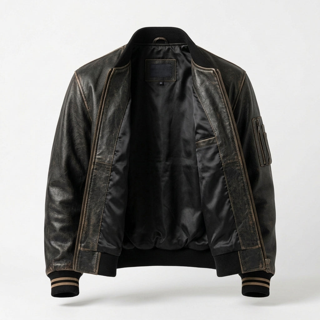 Men's Antique Black Leather Bomber Jacket, Vintage Finish