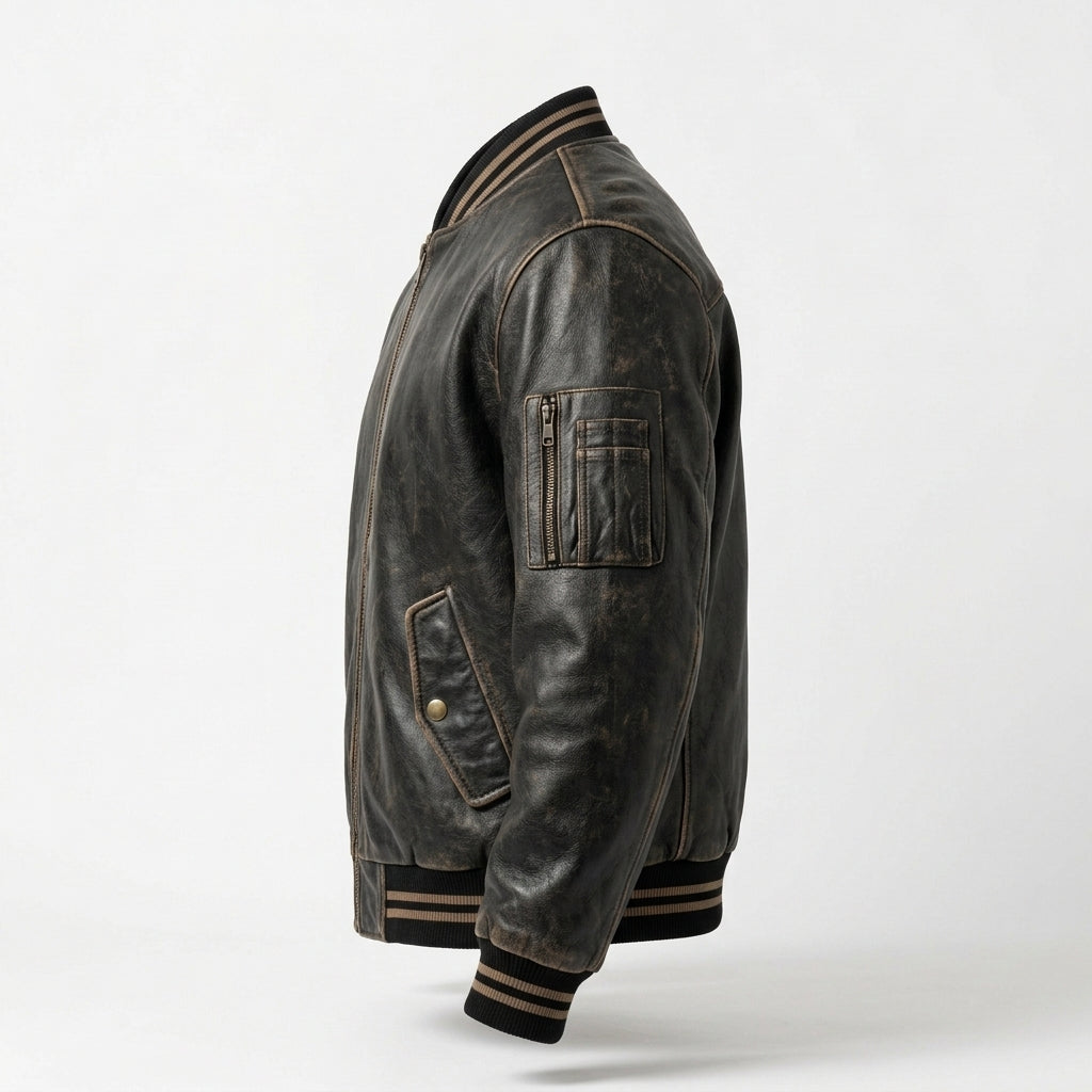 Men's Antique Black Leather Bomber Jacket, Vintage Finish