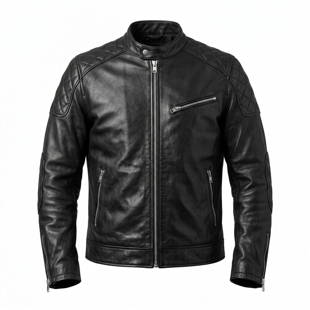 Men's Black Leather Cafe Racer Jacket with Diamond Quilted Shoulders