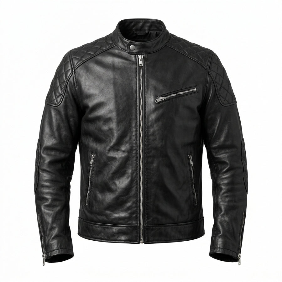 Men's Black Leather Cafe Racer Jacket with Diamond Quilted Shoulders