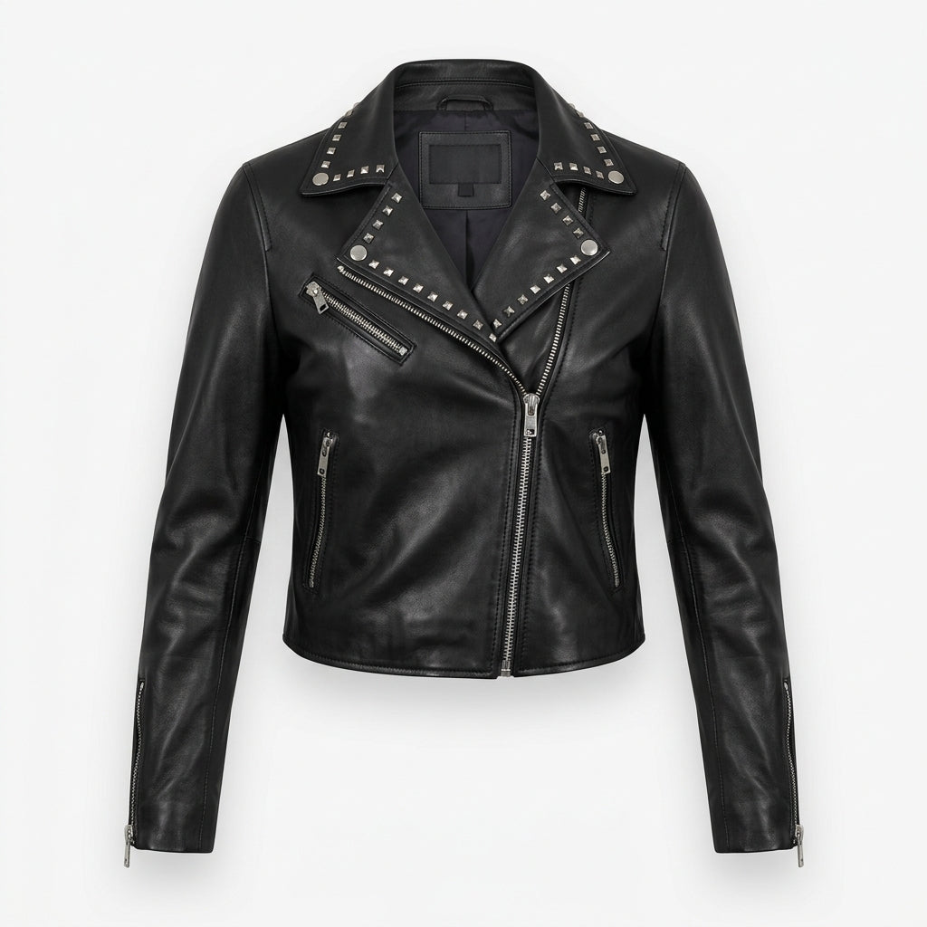 Women's Black Studded Cropped Leather Biker Jacket
