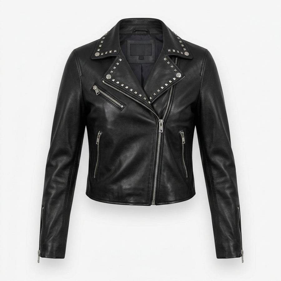 Women's Black Studded Cropped Leather Biker Jacket
