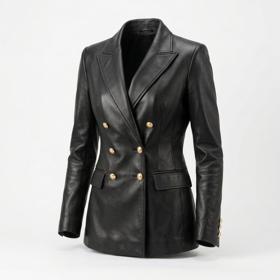 Women's Black Sheepskin Leather Blazer – Double-Breasted Jacket with Peak Lapels & Gold Buttons