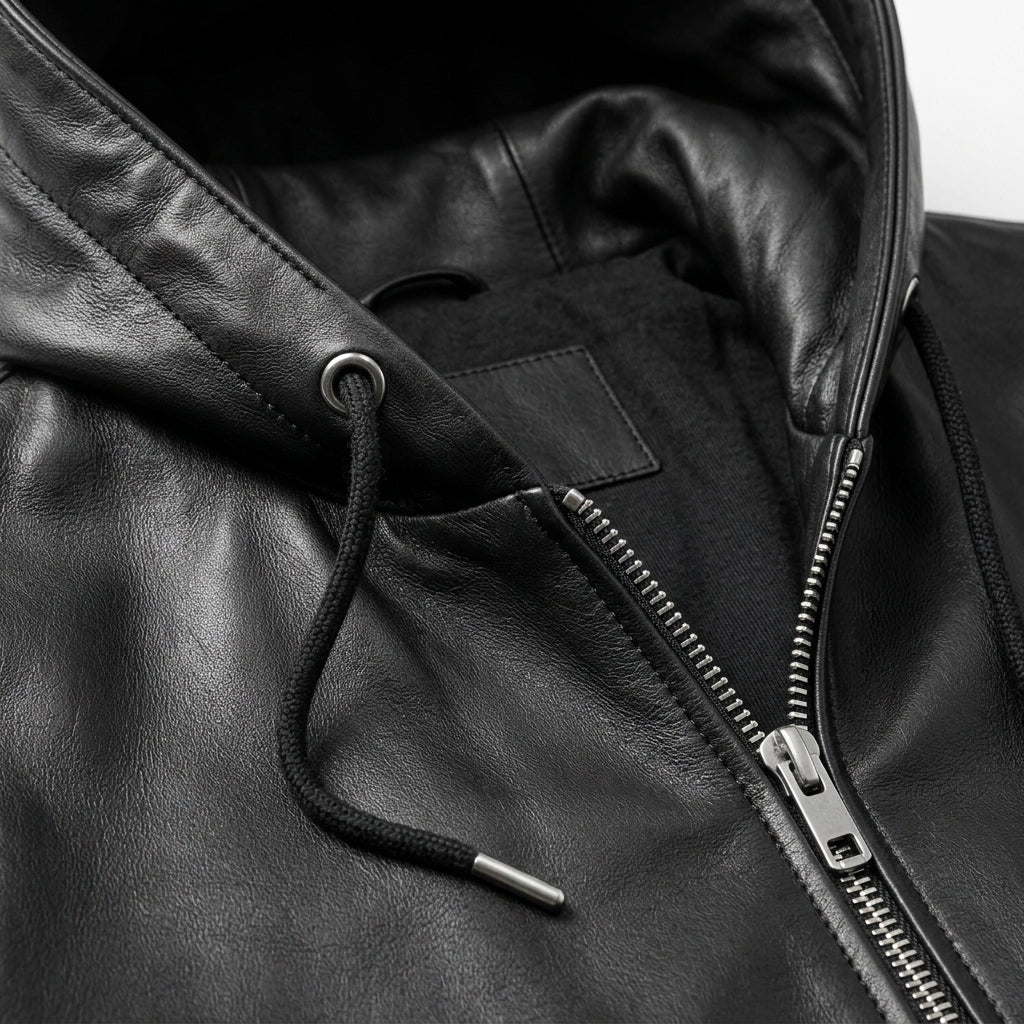 Men's Black Leather Zip Hoodie Jacket
