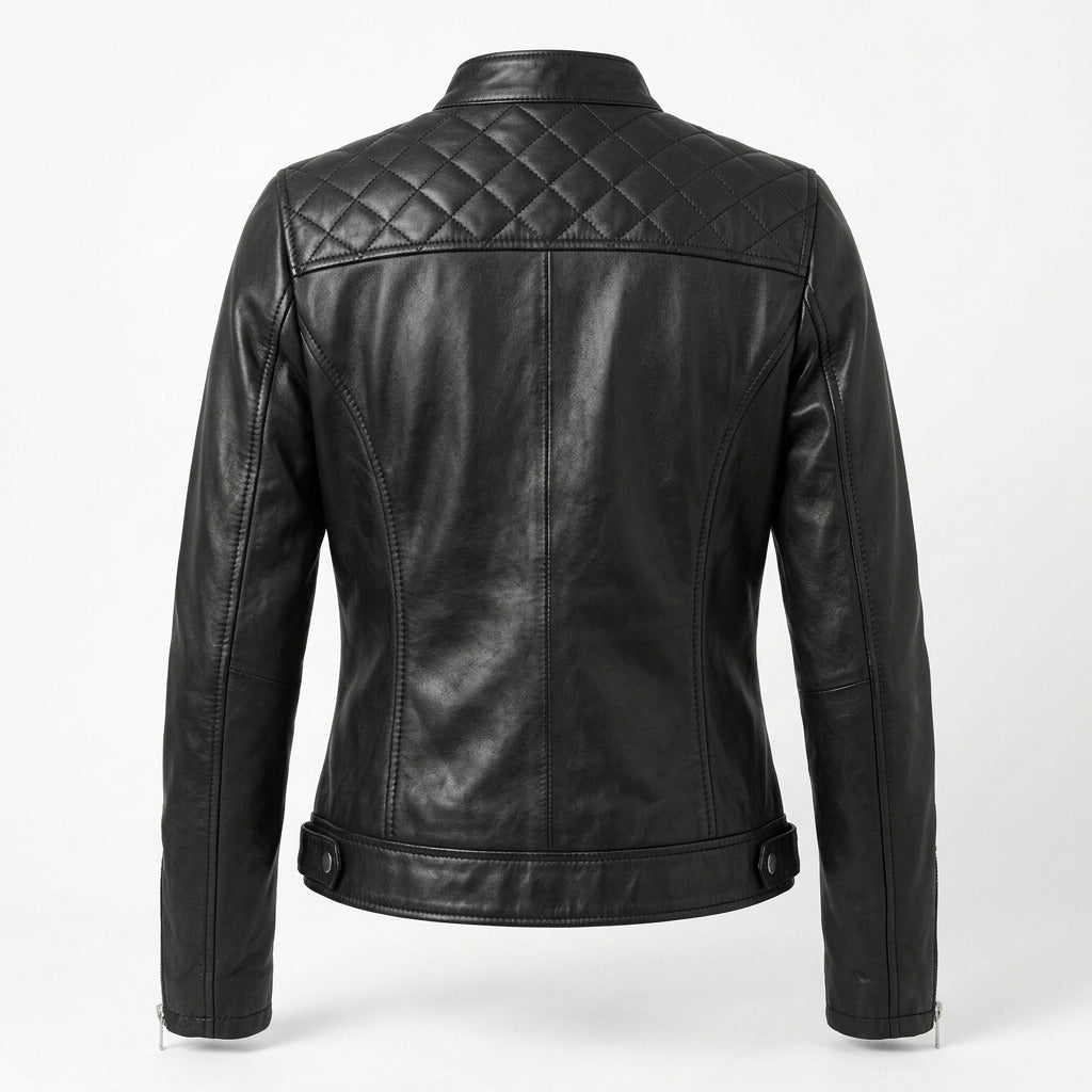 Women's Black Sheepskin Leather Cafe Racer Jacket – Diamond Quilted Shoulders & Zip Cuffs