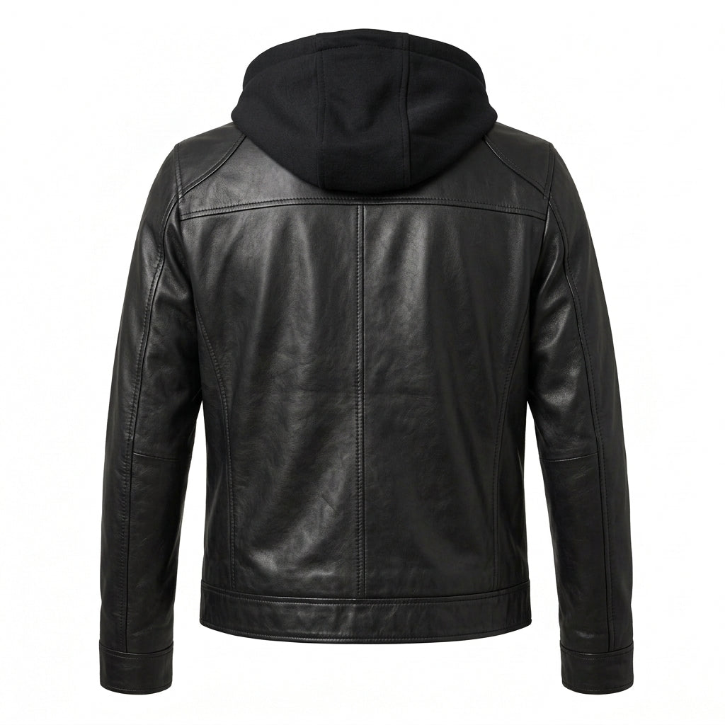 Men's Black Sheepskin Leather Jacket – Cafe Racer Style with Removable Fleece Hood